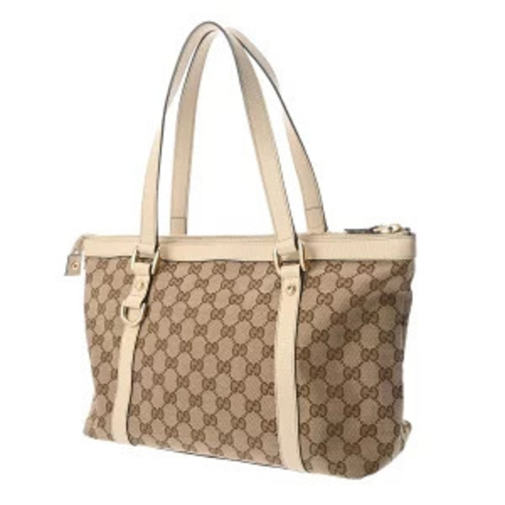 Gucci White GG Canvas Tote Leather Ebony Beige Bag